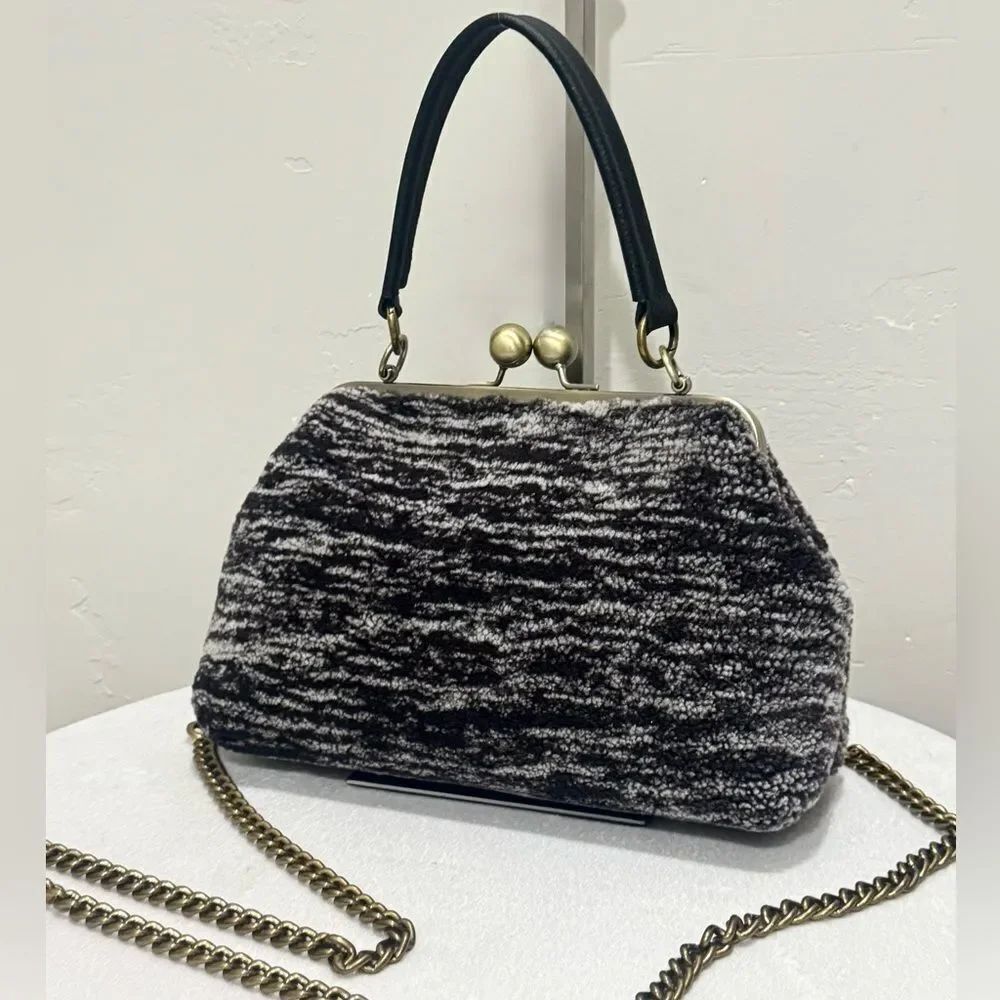 Vintage Style Handmade Shearling Leather Kisslock Frame Bag, Multi Use Style